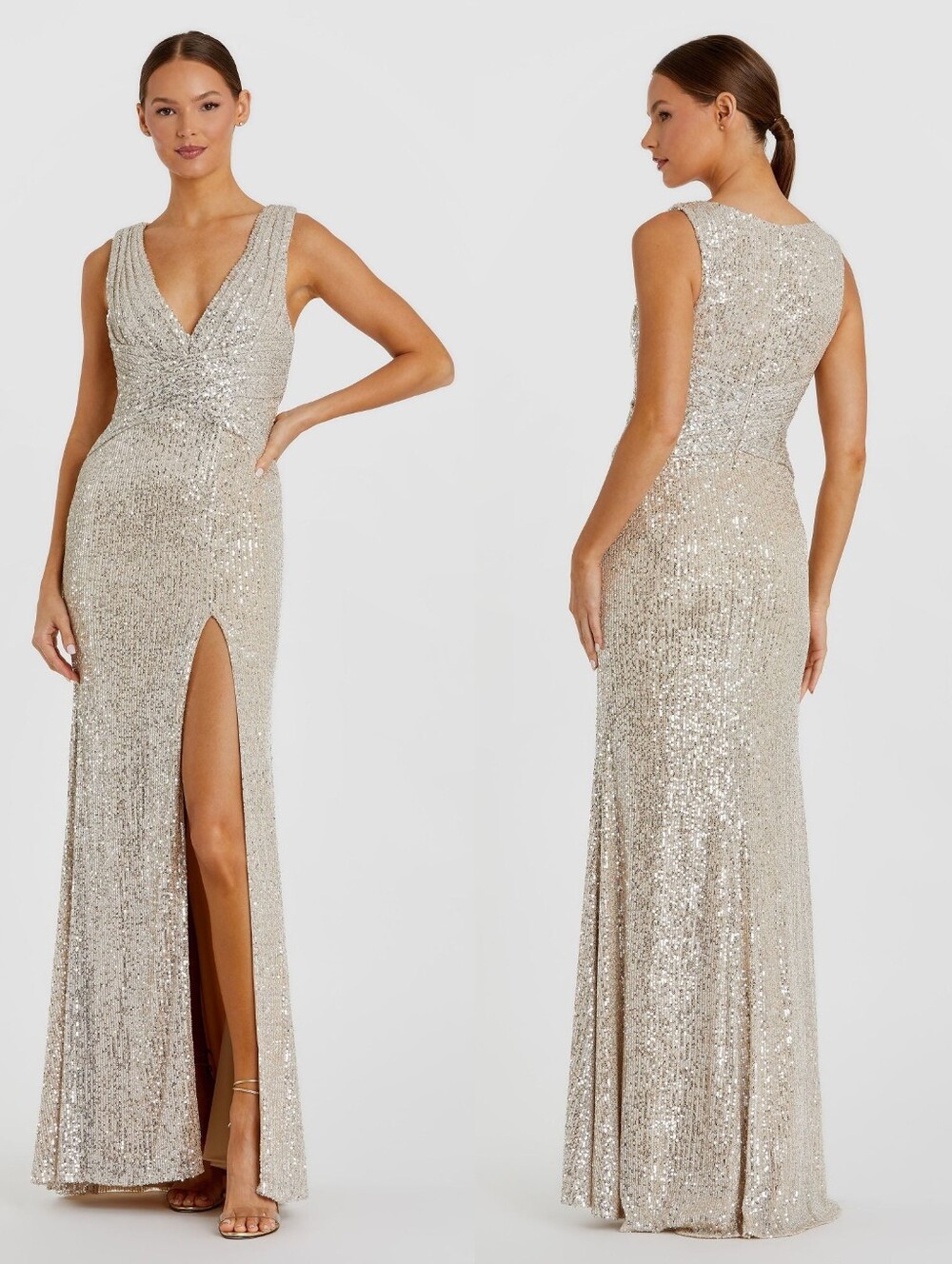 NWT Ieena for Mac Duggal V Neck Sequin Wrap Waist Gown in Nude 26598
